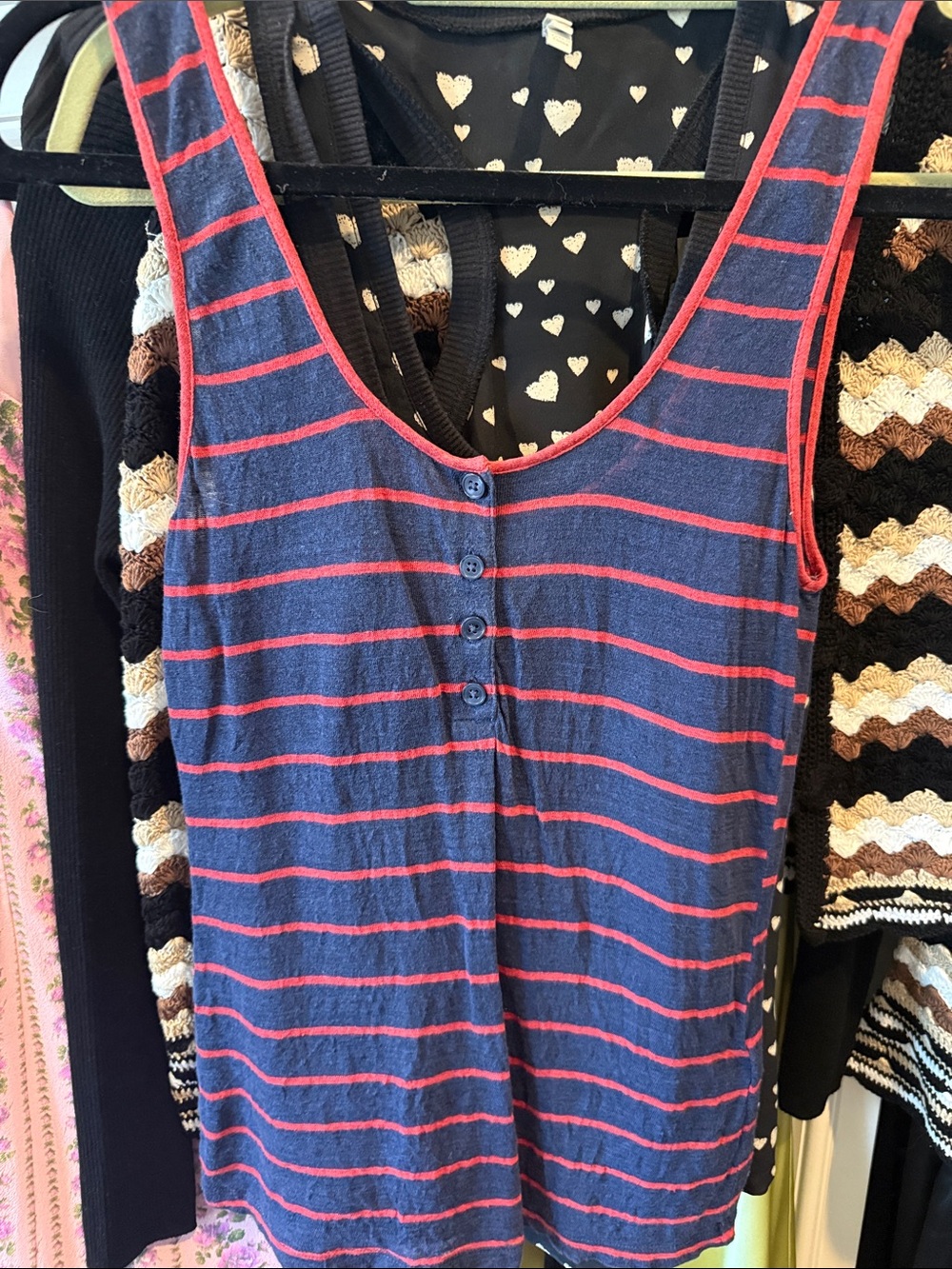 Frame Denim Navy and Pink Striped Button-Front Tank